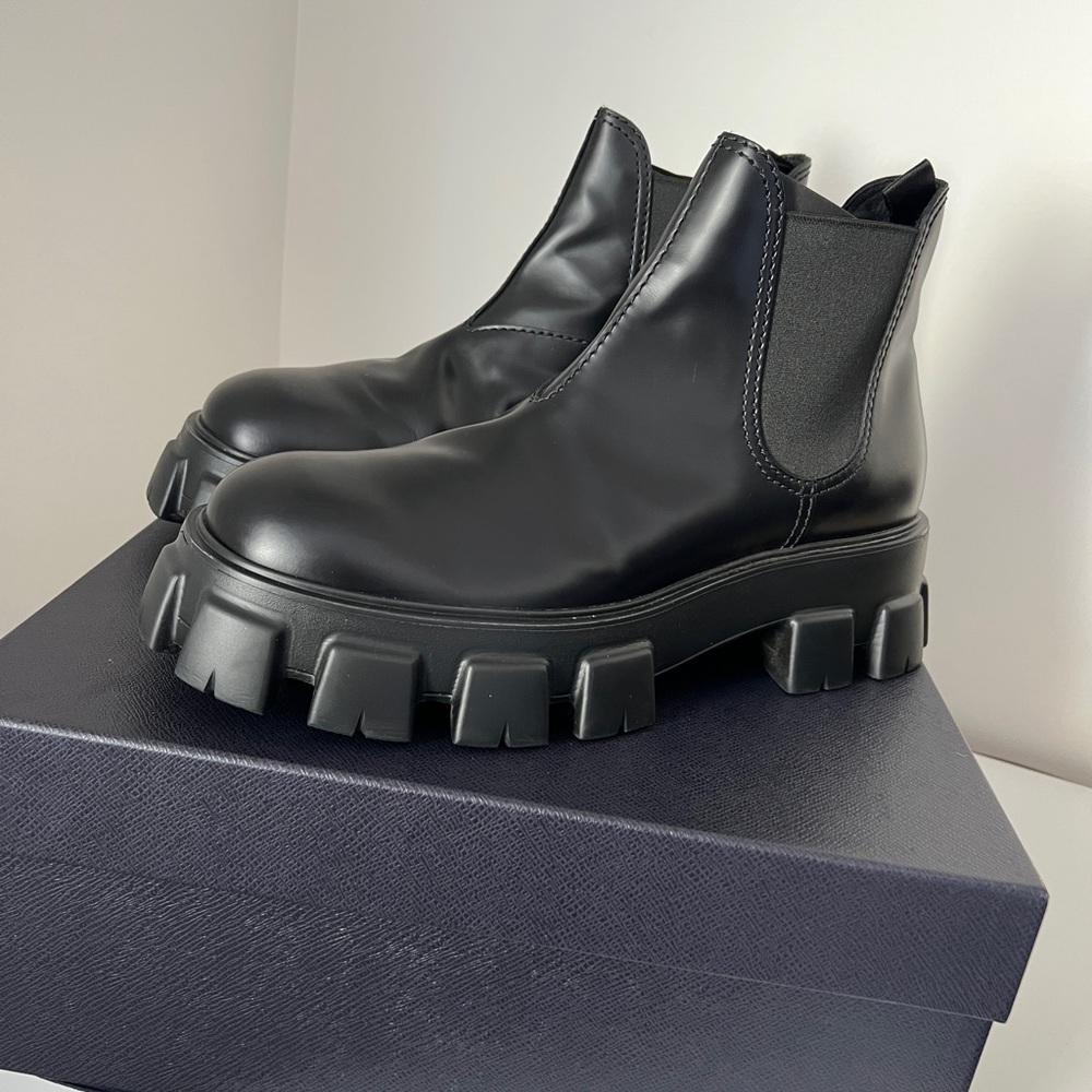 Prada Monolith Brushed Leather Chelsea Boots - Picture 2 of 8